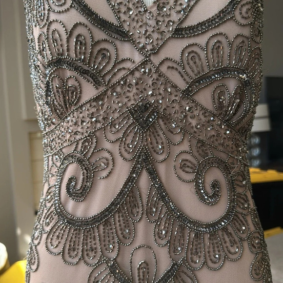 Beaded evening gown nude sheer wedding formal sleeveless natural size 10 dress - Picture 5 of 13